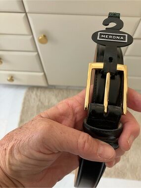 NWT! Merona Black Leather Belt with Gold Buckle